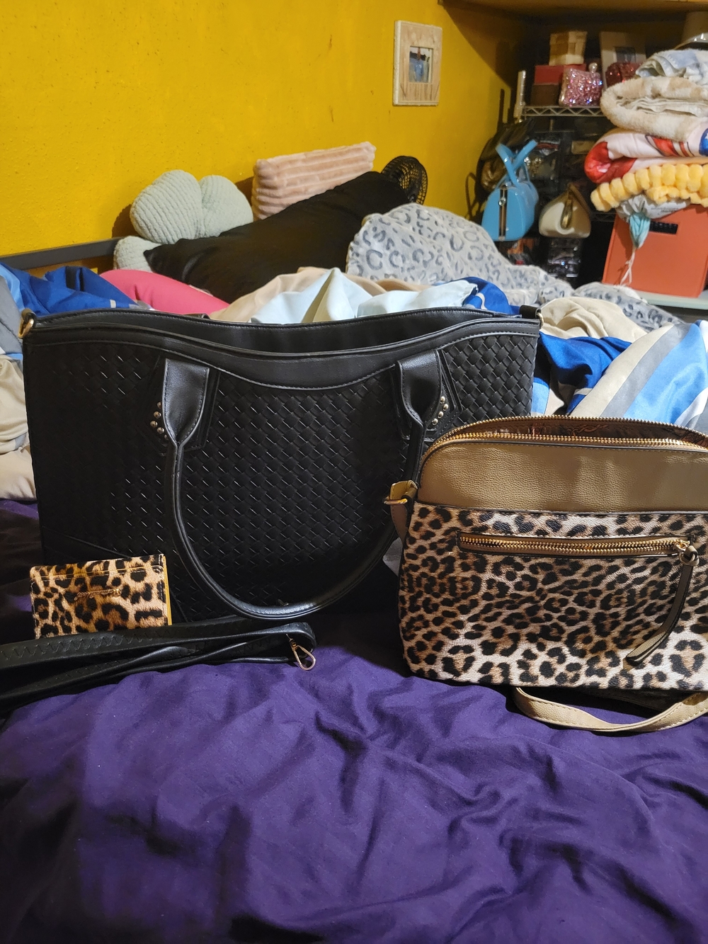 Black Tote Bag with Leopard Crossbody and Wallet Set